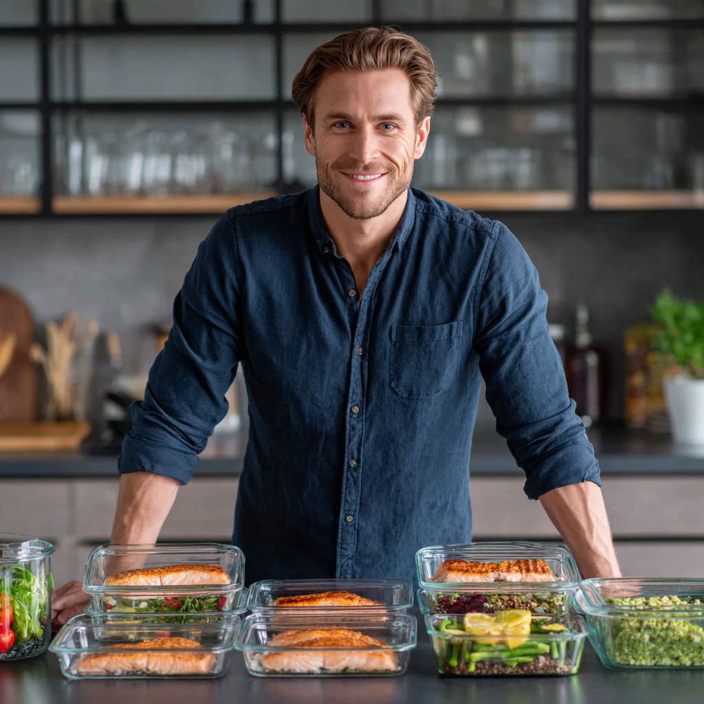 Kolorowy, zrównoważony posiłek na drewnianym stole